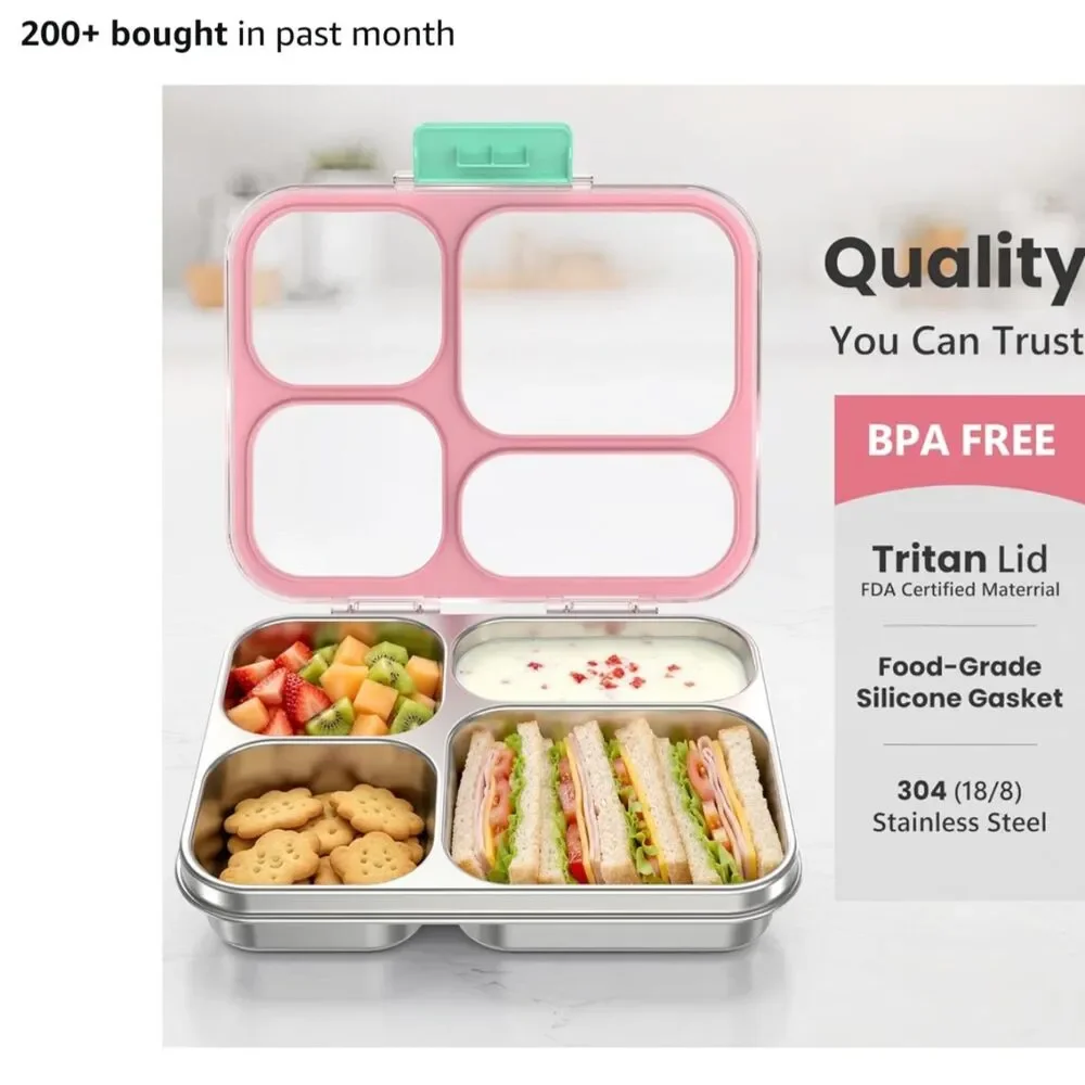 NEW Stainless Steel Bento Lunch Box 4 Cups Pink